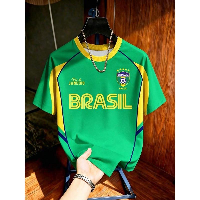 Kinder Brasilien Fußball T-Shirt Fußballtrikot Streifen & Retro-Print Atmungsaktiv Schnelltrocknend Trainings-T-Shirt Fan Sport Oberteil Herren Damen