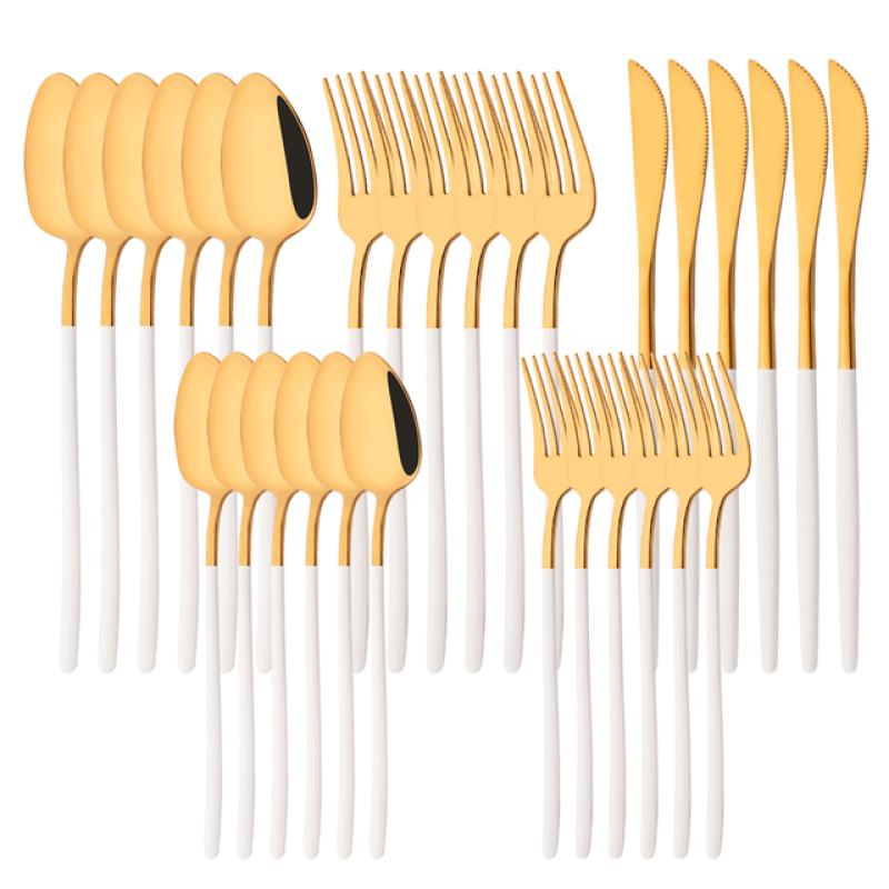 White Gold 30Pcs Dinnerware Set Knife Dessert Fork Spoon Tableware Cutlery Set 18/10 Stainless Steel Flatware Silverware Sets