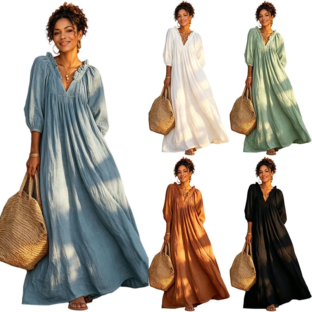 Women's V-Neck Sleeve Bohemian Long Maxi Dress for Vacation
