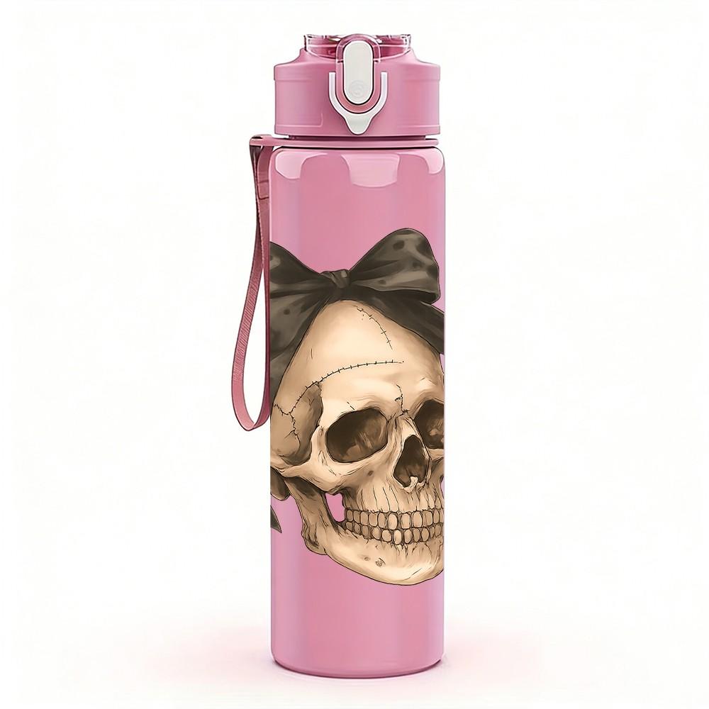 1PC Bow Decor Vintage Skull 750ml Color Plastic Sports Water Bottle Leakproof Flip Straw Lid Suitable for Sports Office Home Use