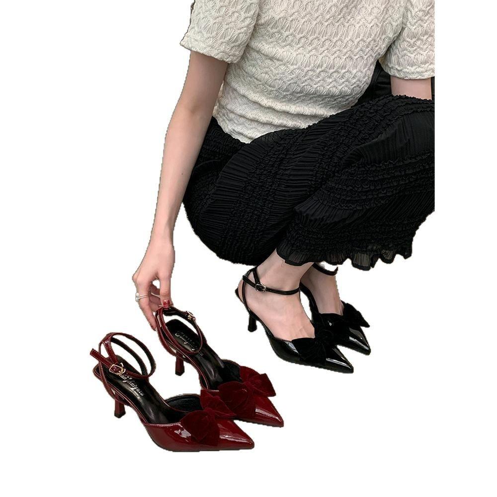 New sandals women's black pointed head bow high heels bag head with buckle stiletto elegant single shoes