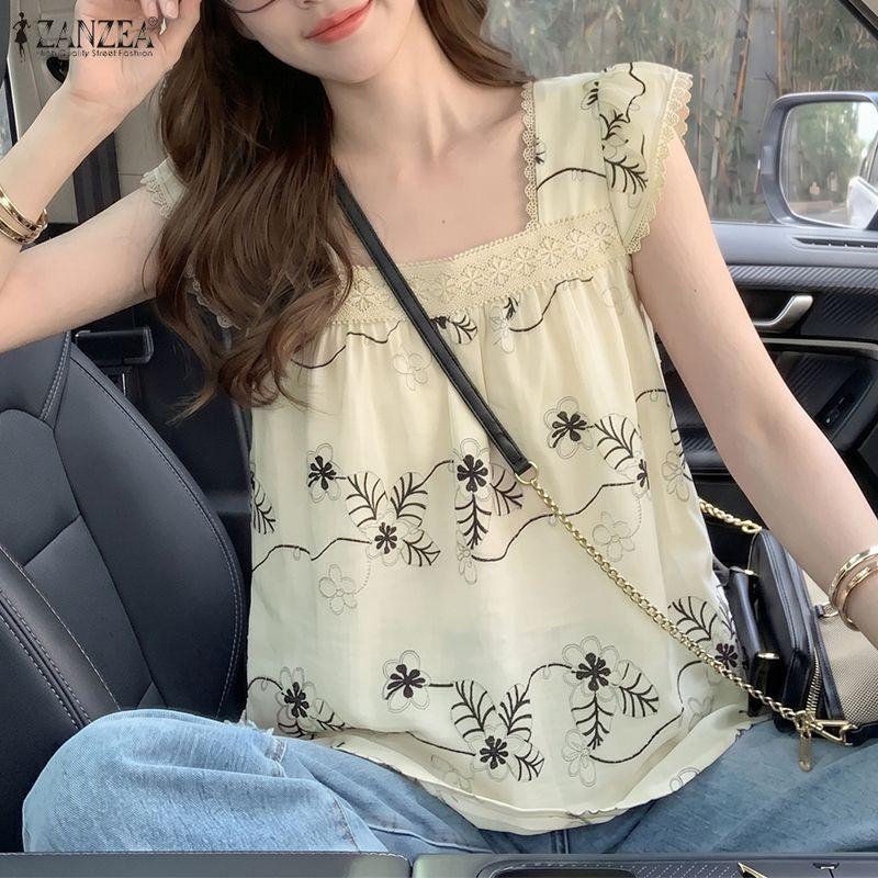 ZANZEA Women Elegant Square Collar Casual Sleeveless Print Tank Tops M абрикосовый
