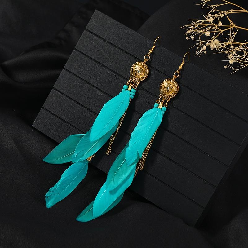 Retro Feather Fringed Earrings Women's Niche Personality Bohemian Blue Long Yunnan Travel Photography Earrings