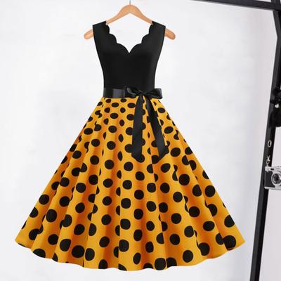 Women Midi Dress Flower Edge V Neck Lace Up Tight High Waist Bow Decor Sleeveless A-line Loose Hem Dot