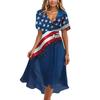Women V Neck Short Sleeve Casual Dress with Star and Stripe Print Loose Fit Knee Length for Daily Wear Holiday Party