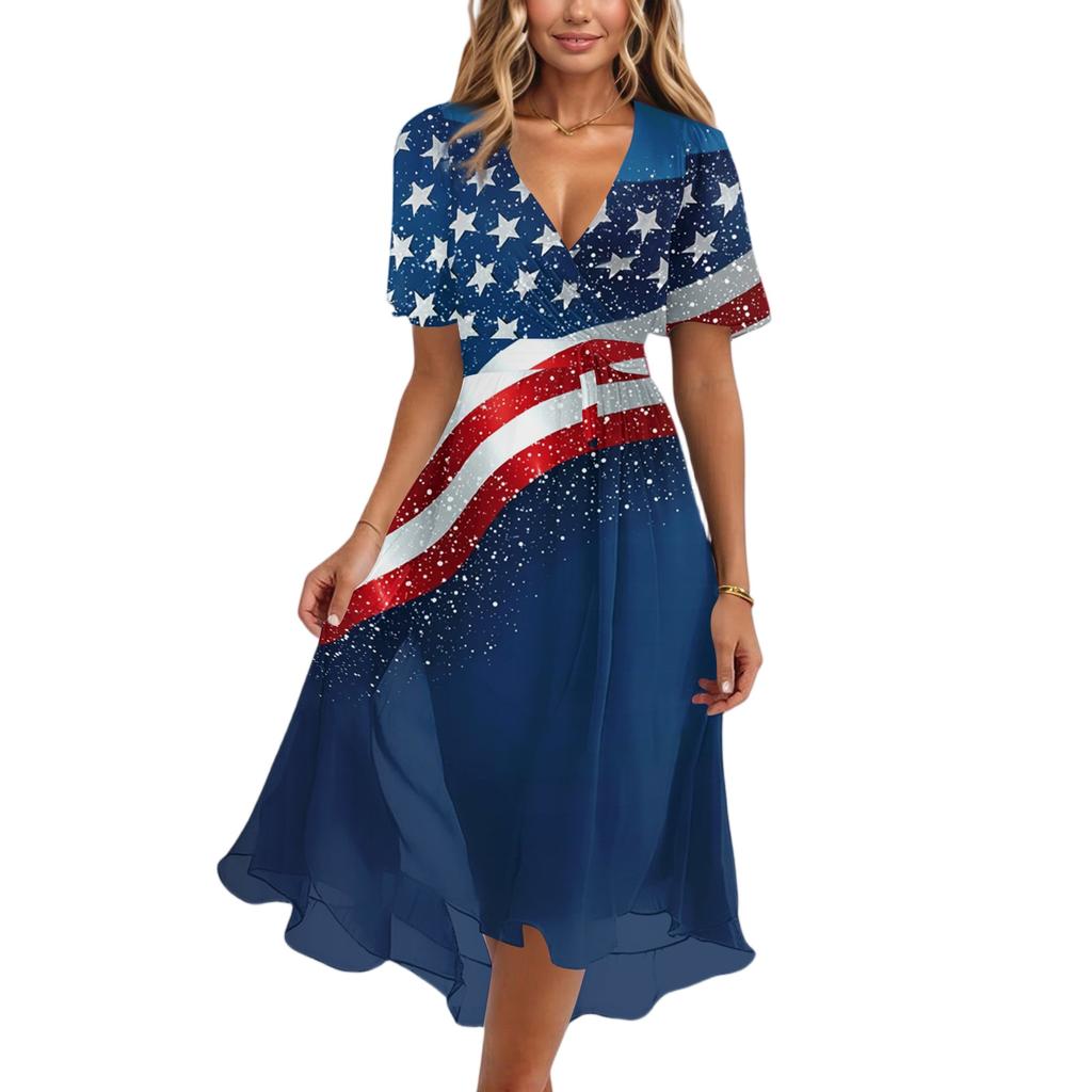 Women V Neck Short Sleeve Casual Dress with Star and Stripe Print Loose Fit Knee Length for Daily Wear Holiday Party