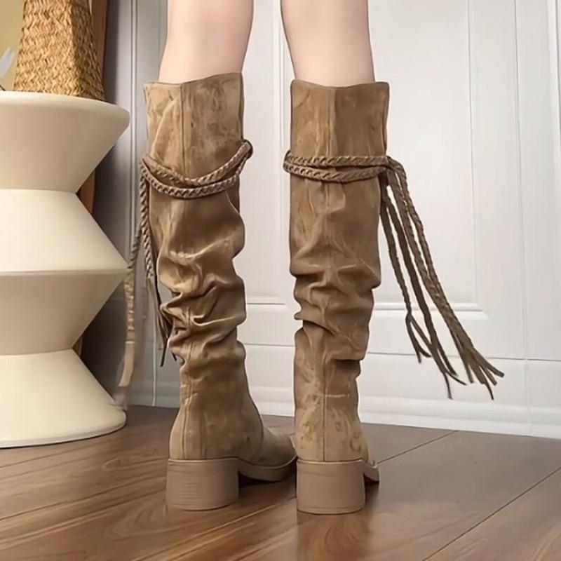 Women's Knee-high Boots High Quality Suede Cowhide Boot Retro Western Cowboy Boots for Women Fashion Knight Boot Botas Mujer2025