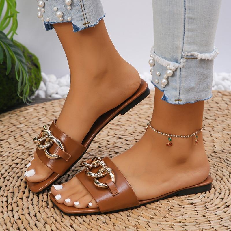 Fashion 2024 New Fashion Women's Slippers Square Toe Chain Slippers Flat Slide Sandals Beach Flip Flops Metal Decoration Casual Shoes