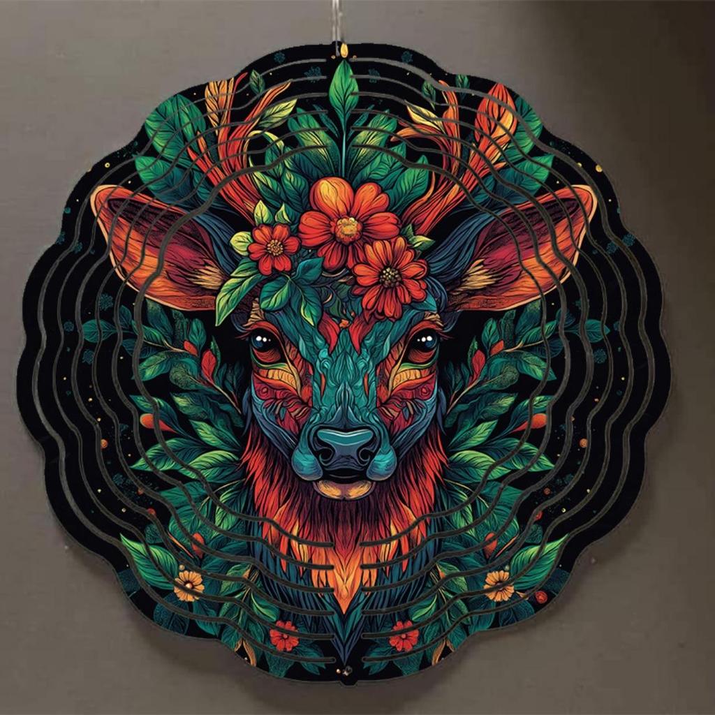 10 Inch Hanging Wind Spinner Colorful Reindeer Design Wind Chime with 360 Degree Hook for Spring Summer Balcony Garden Decor Gift