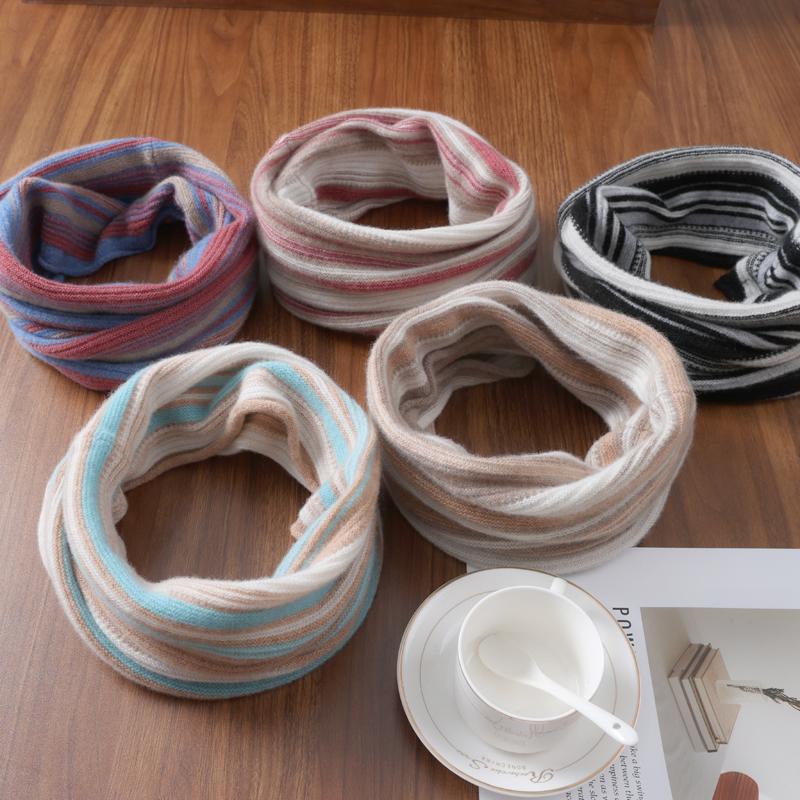 Unisex 100% Wool Knitted Striped Ring Scarf Women Soft Warm Cashmere Like Neckchief Fashion Turtleneck Fake Collar Neck Warmer