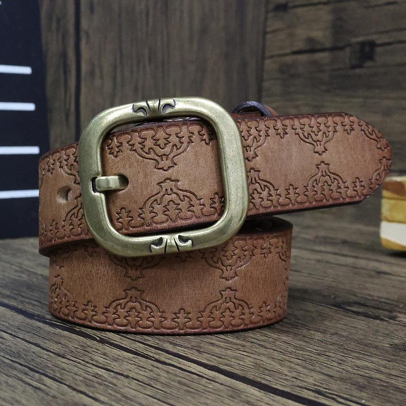 Vintage Handmade Women's Genuine Leather Belt with Copper Buckle - First Layer Cowhide, Versatile for Jeans, Personality Pattern, Casual Style.
