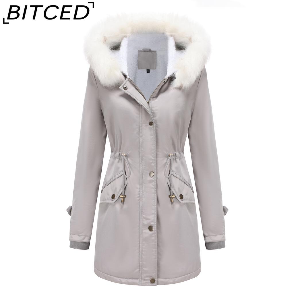 BITCED Autumn/Winter Detachable Fur Collar Women's Parka Long-Sleeved Hooded Cotton Coat Fleece Overcoat