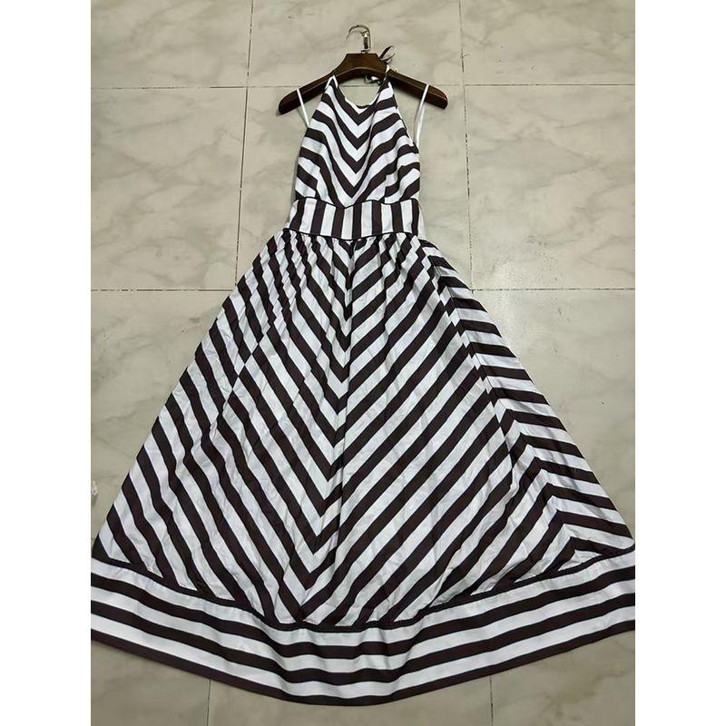 

VGH Designer Model Stripes Halterneck Dress Women s Summer Cool Asymmetrical Black and White Contrasting Color Thread Long Dress Women Picture color S