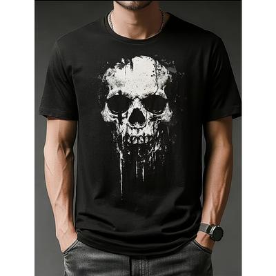 Taglie Europee Maglietta da Uomo Grafica Novità, Maglietta da Uomo Nera Casual Girocollo con Grafica Teschio Bianco Edgy