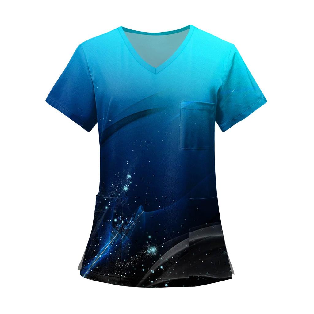 Women's Fashion Printed Short Sleeve V Neck Pattern Tops Pocket Working T-shirts