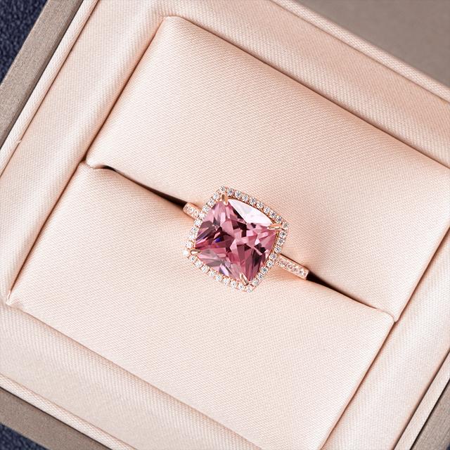 

Классическое кольцо из стерлингового серебра 925 пробы с 10*10 мм драгоценными камнями розового цвета Моргана и 5а цирконием, свадебное ювелирное украшение в подарок 7