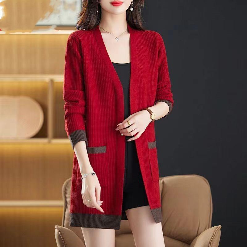 New women's medium and long v-neck sweater jacket autumn and winter new thin fashion knitted cardigan shawl