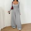 YYFS Women's Fashion Casual Spring Autumn Solid Color Print Long Sleeve Square Collar High Waist Trousers Jumpsuits & Rompers