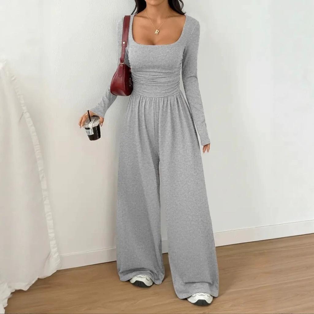 YYFS Women's Fashion Casual Spring Autumn Solid Color Print Long Sleeve Square Collar High Waist Trousers Jumpsuits & Rompers