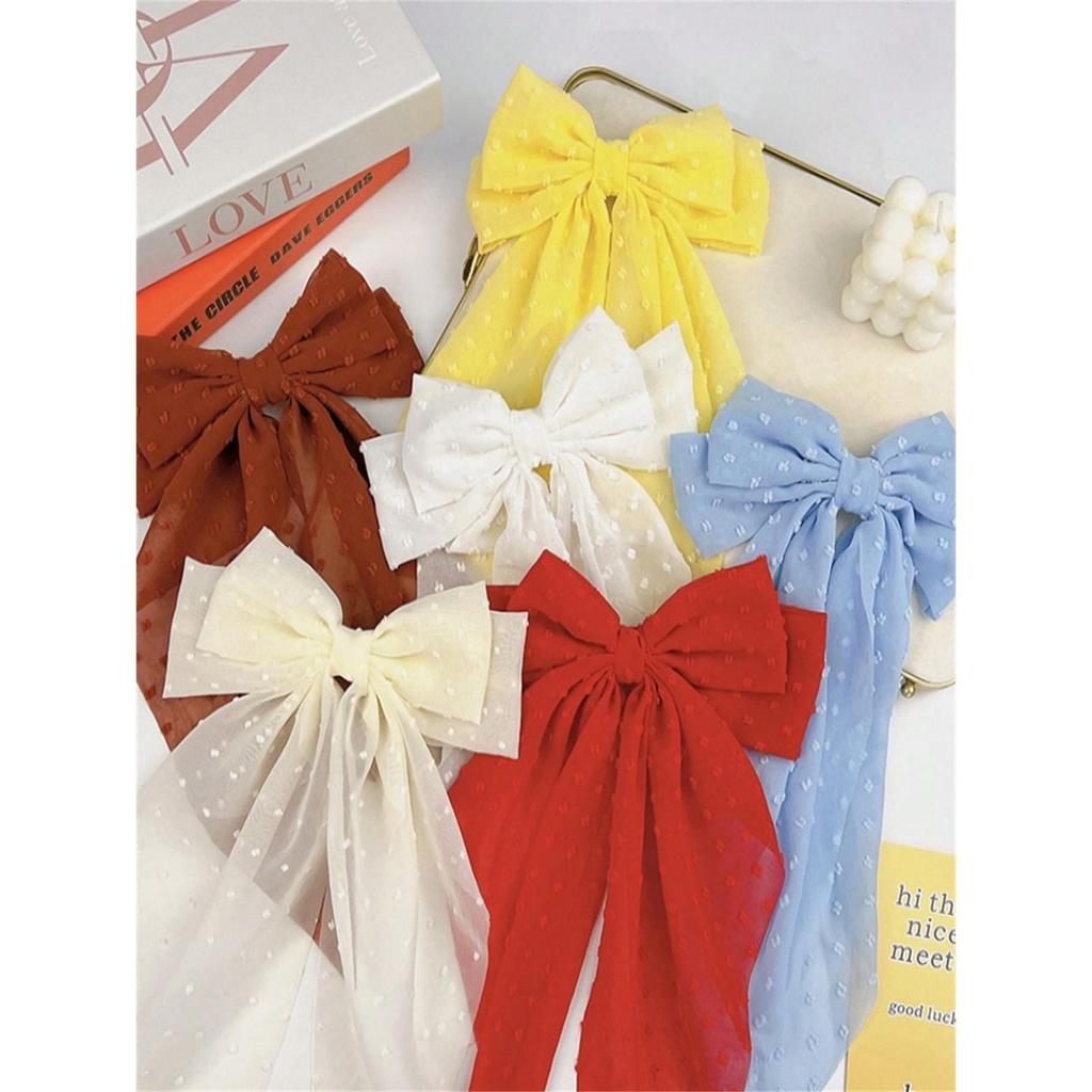 6 Damen Frühling/Sommer einfarbig Chiffon lang gepunkteter Stoff super Fee große Schleife Hinterkopf Haarspange Haarschmuck