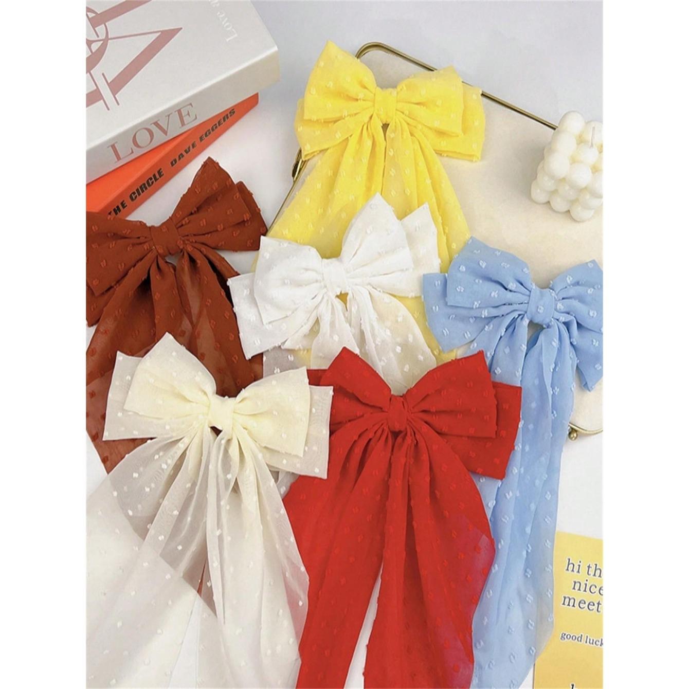 

6 женских весенне-летних однотонных шифоновых длинных заколок для волос в горошек, супер фея, с большим бантом на затылке Size fits all