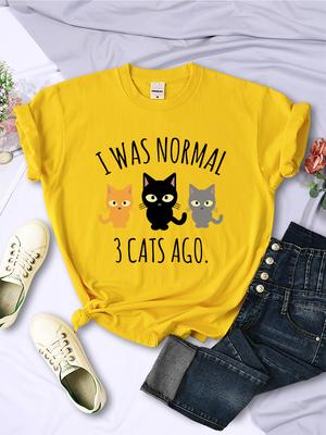 Ich war normal vor 3 Katzen Print T-Shirts Damen Lässig Mehrfarbiges T-Shirt Kleidung Hip Hop Trendy Kurzarm Sommer O-Ausschnitt T-Shirt