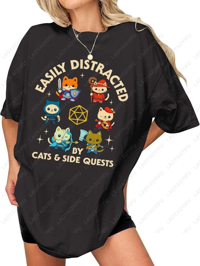 Easily Distracted By Cats And Side Quests Cotton Shirt D20 Side Quest Master Tshirt Dungeon Cat Lovely Printed Man Women Tee