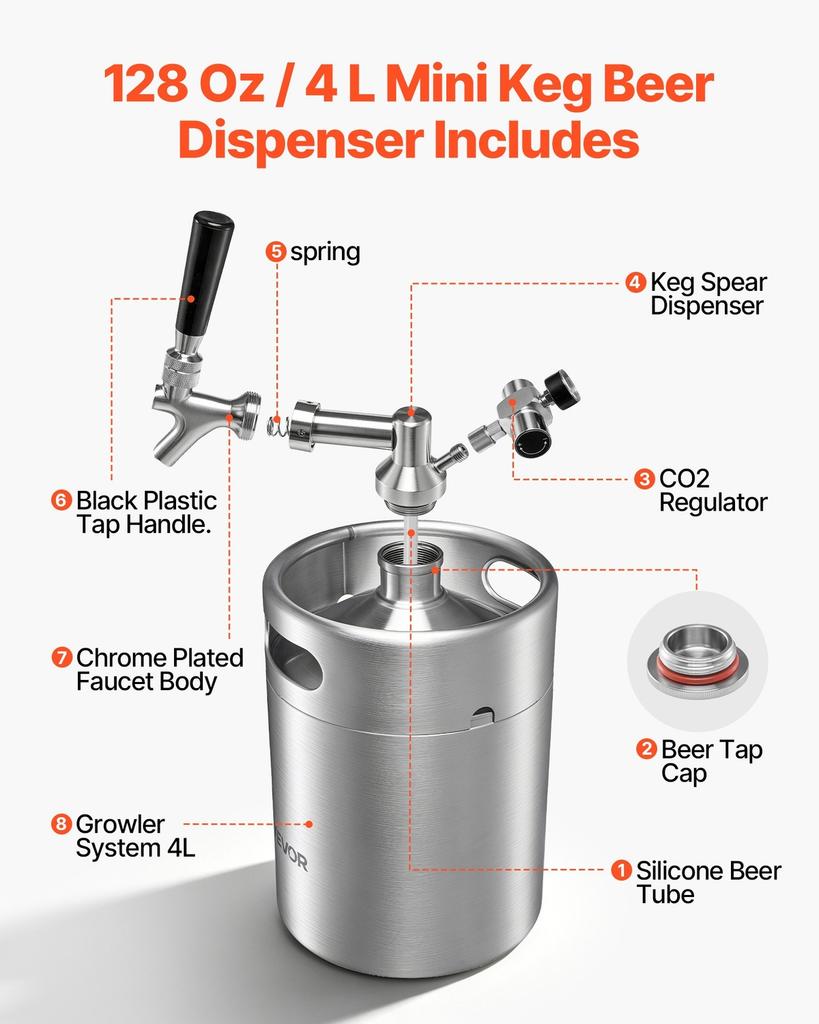 4L Mini Keg, Pressurized Growler Tap System, 304 Stainless Steel Beer Kit, with Co2 Regulator, Self-Closing Faucet, Keeps Fresh and Carbonation for