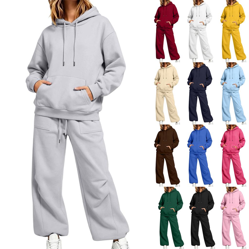 Women's Unisex Loose Fit Color Athletic Hoodie and Wide Leg Sweatpants Set