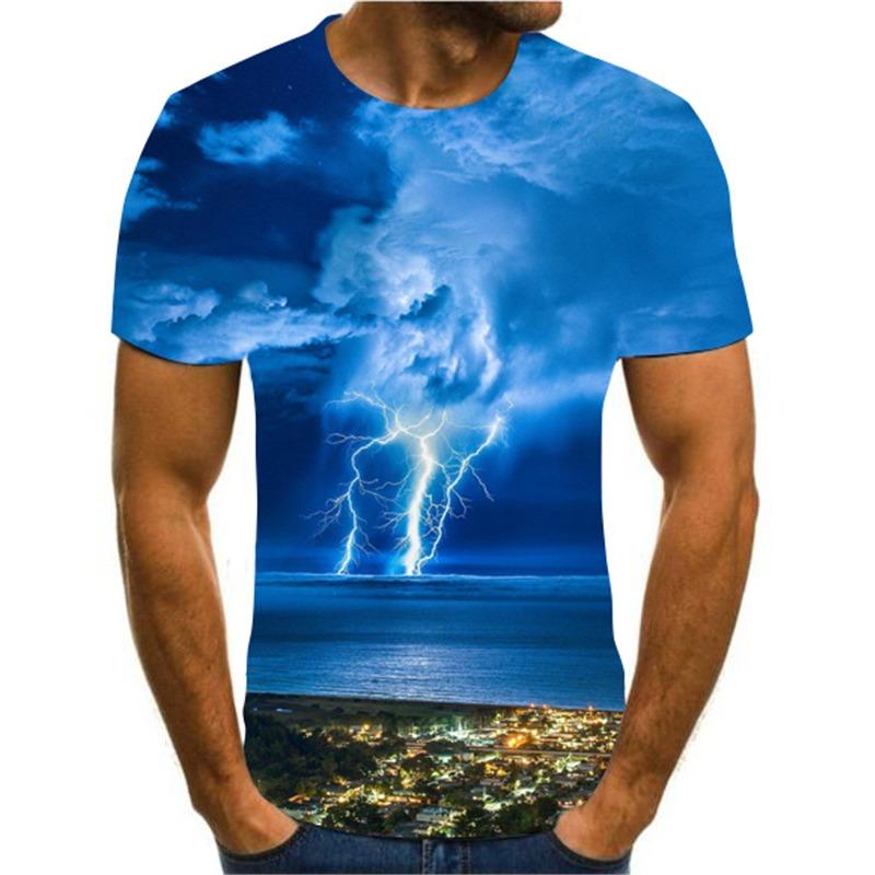 2024 Pánské tričko s 3D potiskem Tričko s potiskem krajiny s blesky Kulatý výstřih Plážová trička Pánské tričko Léto