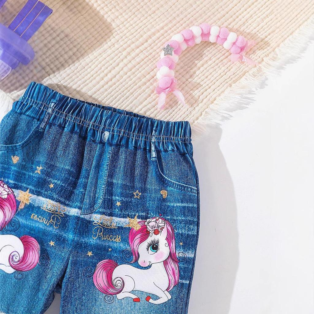 2025 Summer Girls' Fashion Denim Two-Piece: Long Pants & Round Neck T-Shirt Set