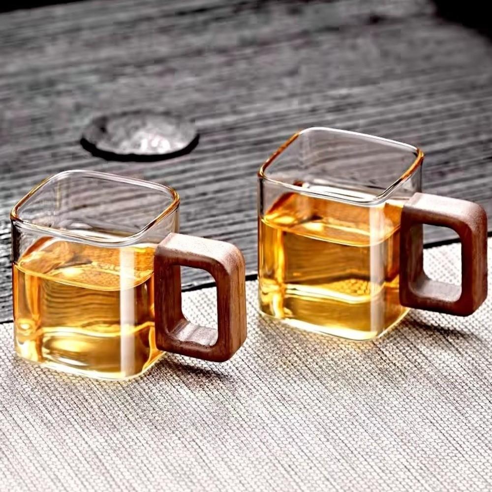 Practical Thicken Glass Coffee Mug Wooden Handle Square Teacup Heat-resistant Mini Breakfast Milk Cup Cafe