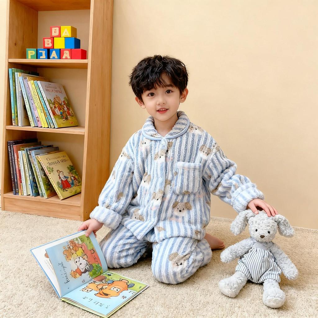 2025 A-Class Flannel Suit for Kids: Plush Velvet Thick Homewear, Fashionable Autumn & Winter Clothing for Boys & Girls.
