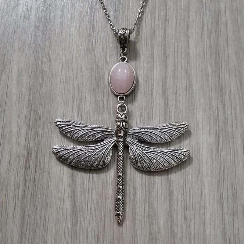 

New Large Dragonfly Pendant Long Chain Necklace - Bohemian Pink Natural Crystal Quartz Jewelry