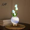 Glass Vase LED Lamp Tulip Planet Night Light Dimmable Touch with Aromatherapy Diffuser Artificial Flower Light USB Rechargeable Table Decor for Home