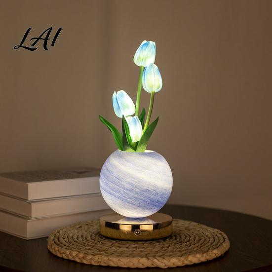 Glass Vase LED Lamp Tulip Planet Night Light Dimmable Touch with Aromatherapy Diffuser Artificial Flower Light USB Rechargeable Table Decor for Home