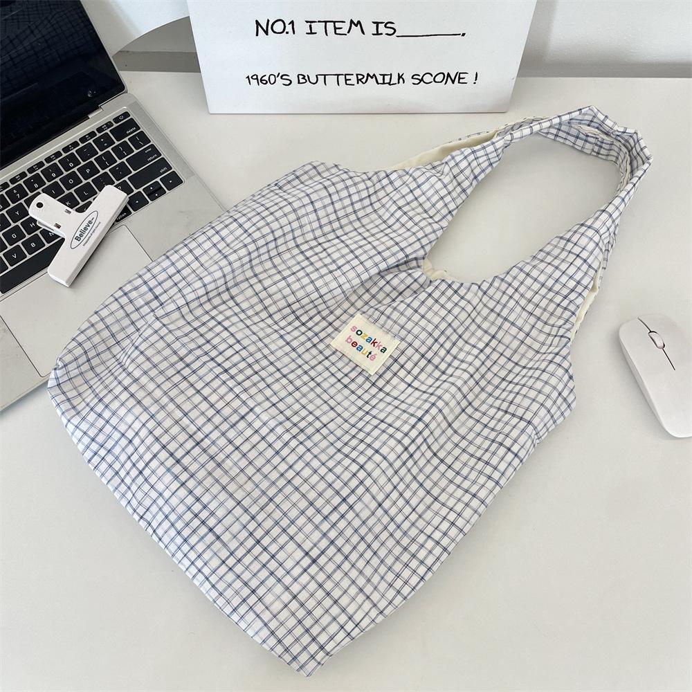 Retro Blue Grid Lazy Shoulder Shopping Bag Women Go Out Leisure Commuter Vest Bag Tote Bag