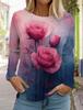 Women's 3d Printed Flower T-shirt Fashion Long-sleeved Round Neck Regular Tops Holiday Weekend Blue Spring and Autumn Wear