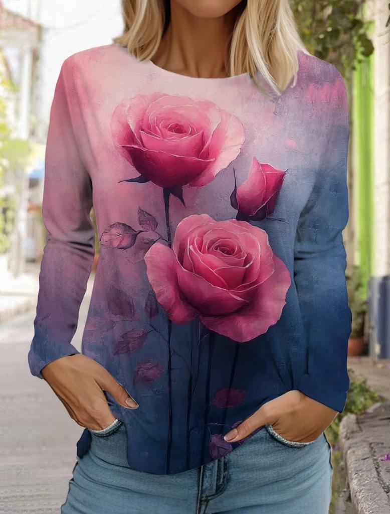Women's 3d Printed Flower T-shirt Fashion Long-sleeved Round Neck Regular Tops Holiday Weekend Blue Spring and Autumn Wear
