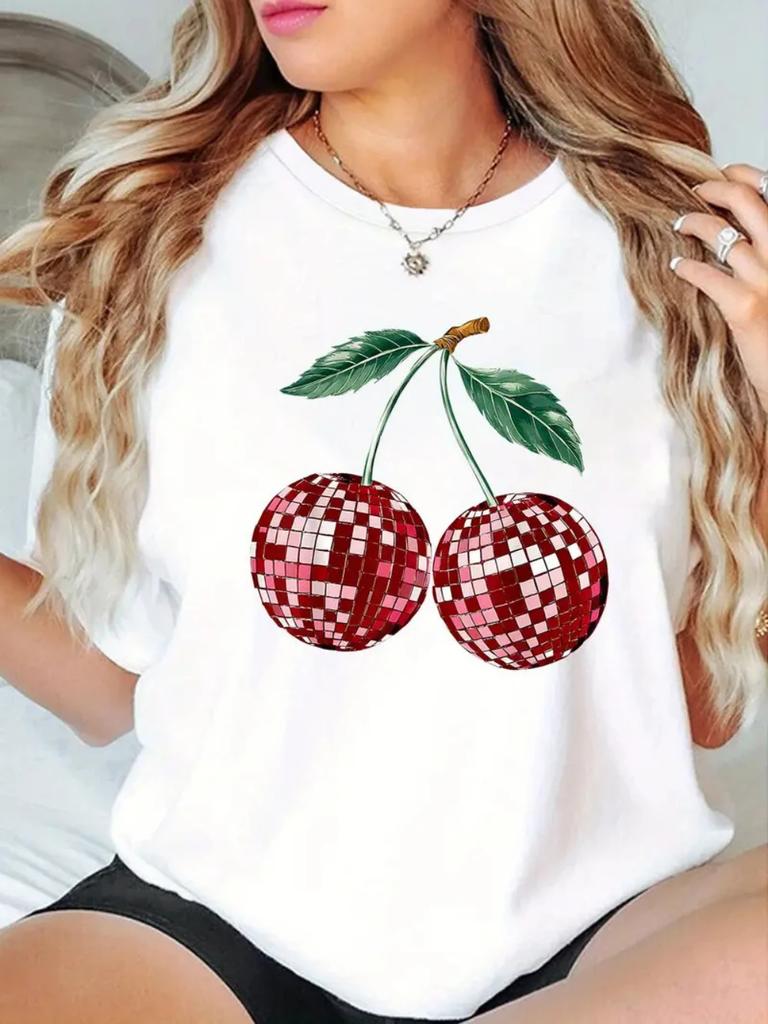 Cherry Print Womens Tshirt Women Loose Comfortable Tee Red Cherries Graphic Daily Streetwear Fashion Soft Top T Shirt