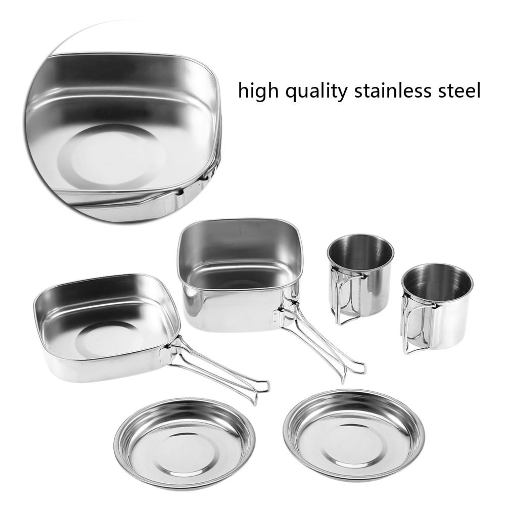 Set 6 Piese Vase Portabile din Oțel Inoxidabil Camping Picnic Exterior Tigaie Oală Farfurie Cană