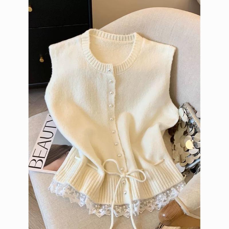 Sweater Vest Coats Women Patchwork Lace Lower Hem Lace-up Knitwear Cardigan Pearl Buckle Loose Sleeveless Round Neck Waistcoats