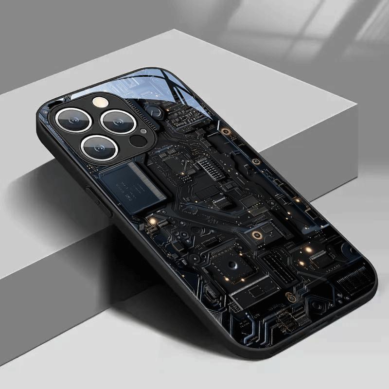 Black Golden Technology Chip Puzzle Tempered Glass Phone Case for Iphone 17promax16 15 14 13 12 12Pro 12Promax 11Pro