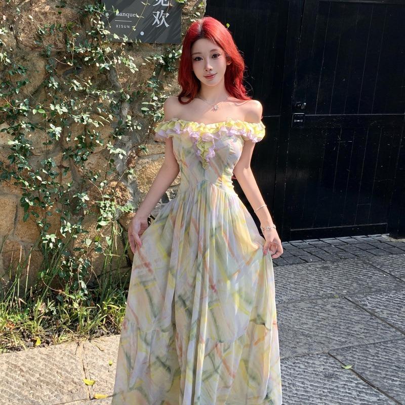 Sommerinsel Romantischer Druck Kontrastfarbe Rüschenrand Träger Großes Neckholder Taillenkleid Urlaubsfee Langes Kleid