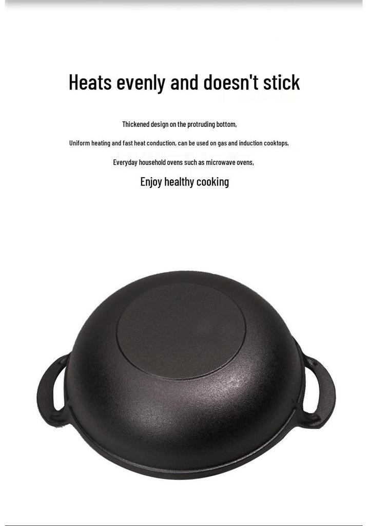 Cast Iron Double Ear Stew & Fry Pan, Non-stick Flat Bottom, Universal for Gas & Induction Cooktops, Large Size.