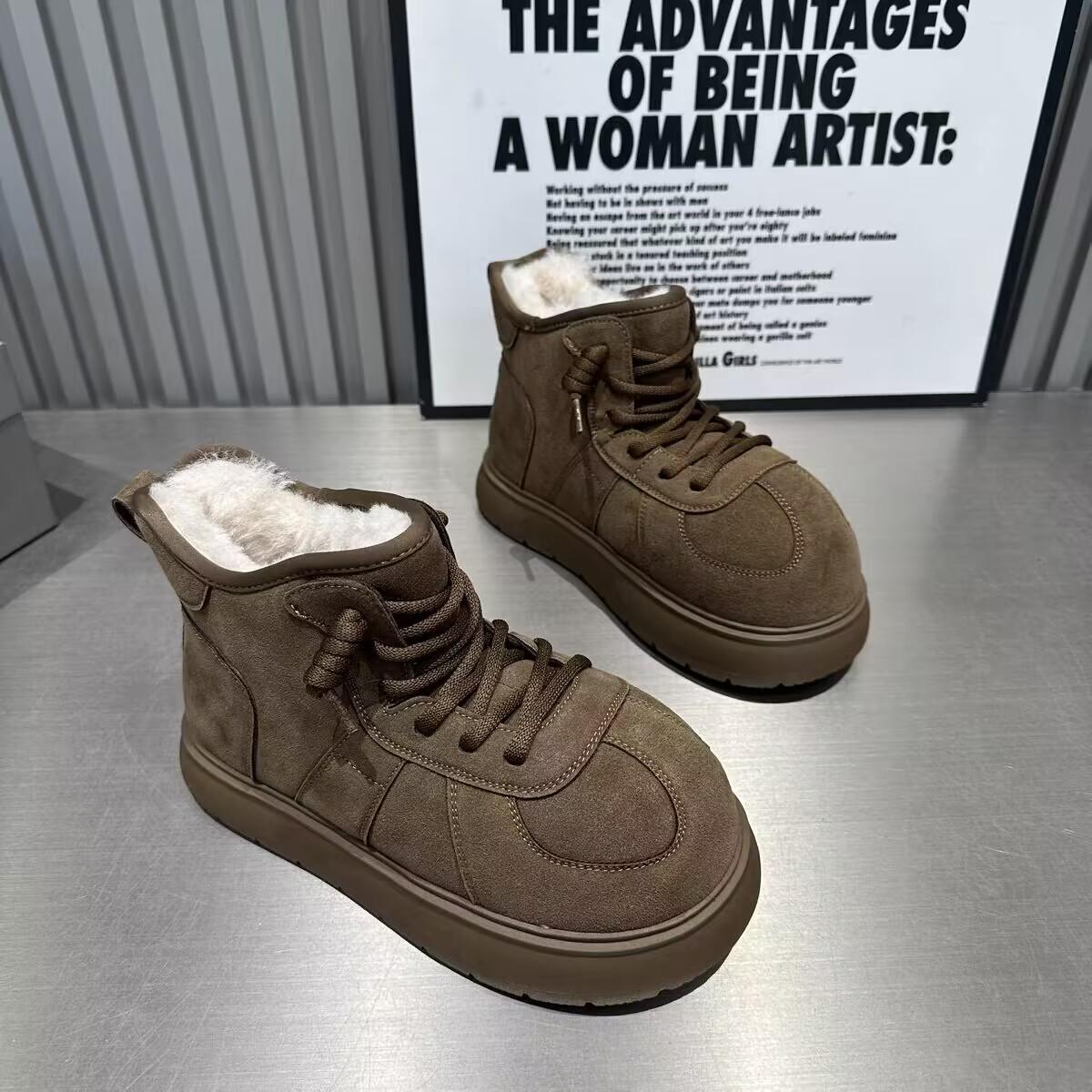 

Женские меховые зимние ботинки на платформе с плоскими носками, замшевые плюшевые хлопковые туфли, повседневные кроссовки, зима 2025, тренд, теплые, удобные, спортивные ботинки Mujer 39 верблюд