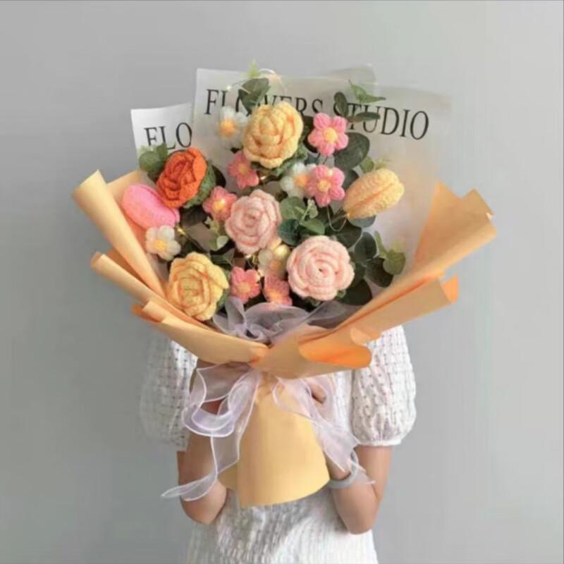 OJW Handmade Crochet Yarn Flower Bouquet with String Lights