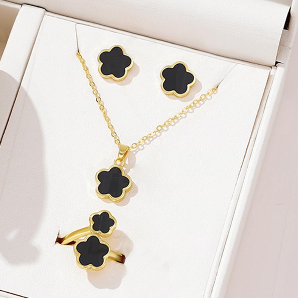 5 Piece Women Personalized Simple And Versatile Set Simple Oil Dropping Lucky Flower Necklace Bracelet Ring Earring Zircon