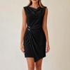 Women’s Summer Sleeveless Solid Round Neck Slim Fit Split Hem Dress with Waist for Casual or Formal Wear