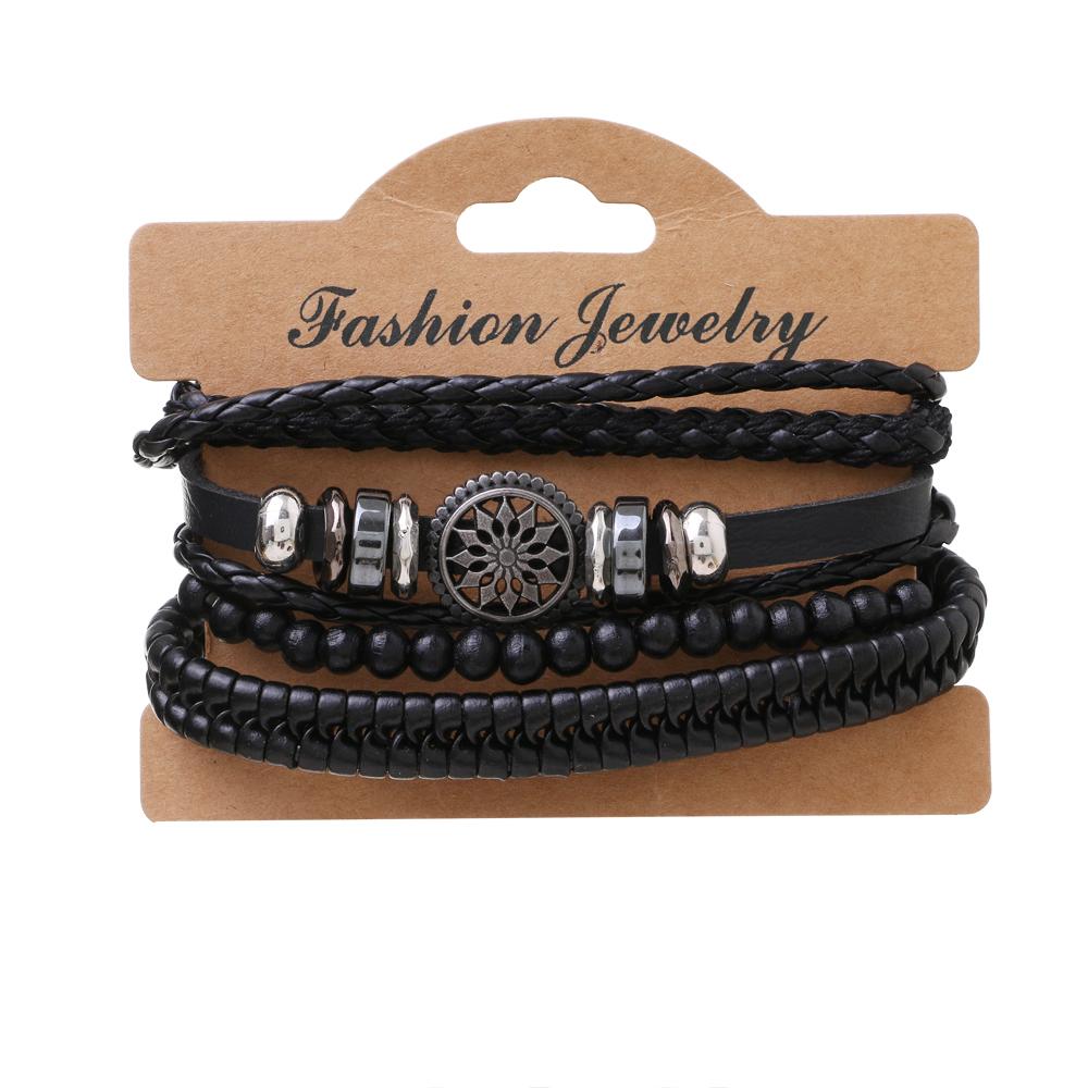 4pcs/ Set Adjustable Leather Bracelets for Men Braided PU Black Bangle Charm Bracelet Gift